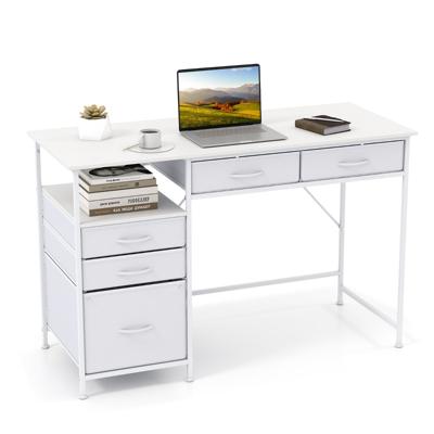 Computerbureau van 120 cm Bureau met Opbergruimte Plank Stoffen Lades Metalen Frame Antikantelbeugels-Wit