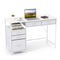 Computerbureau van 120 cm Bureau met Opbergruimte Plank Stoffen Lades Metalen Frame Antikantelbeugels-Wit