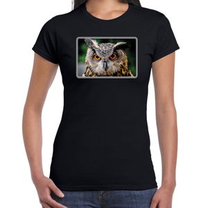 Dieren t-shirt met uilen foto zwart voor dames