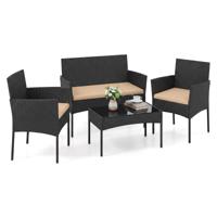 Tuinset 4-Delige Balkonmeubelset met Fauteuil Tuintafel en 2 Stoelen Rotan Tuinlounge met Zitkussens Terrasmeubels voor Buiten-Geelbruin