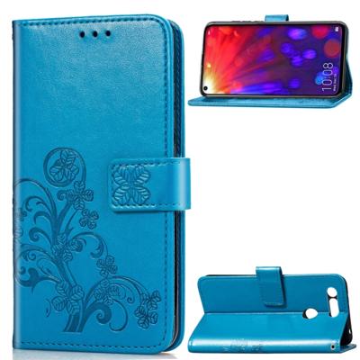 Lucky Clover ingedrukt bloemen patroon lederen draagtas voor Huawei V20 met houder & kaartsleuven & portemonnee & hand strap (blauw)