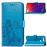 Lucky Clover ingedrukt bloemen patroon lederen draagtas voor Huawei V20 met houder & kaartsleuven & portemonnee & hand strap (blauw)