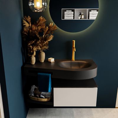 MONDIAZ RIVA 100cm badmeubel onderkast / planchet kleur Linen met 1 lade. Wastafel DULCET rechts 1 kraangat kleur Urban. MONDIAZ RIVA 100cm badmeubel onderkast / planchet kleur Linen met 1 lade. Wastafel DULCET rechts 1 kraangat kleur Urban.