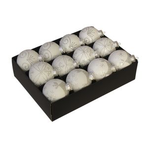 12x Glazen gedecoreerde witte kerstballen 7,5 cm   -