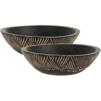 Fruitschaal/fruitmand - 2x - serveer schaal - mango hout - D24 x H7 cm - broodmand - zwart