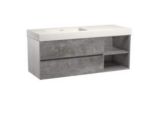 Storke Edge zwevend badmeubel 140 x 52 cm beton donkergrijs met Mata High asymmetrisch linkse wastafel in mat witte solid surface