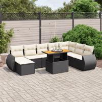 9-delige Loungeset met kussens poly rattan zwart