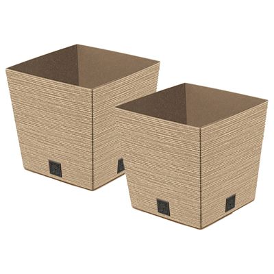 Plantenpot/bloempot - 2x - voor buiten - kunststof - lichtbruin - Eco wood look - D29 x H29 cm