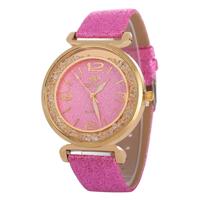 FULAIDA vrouwen Strass goud poeder PU lederen band quartz horloge (roze)
