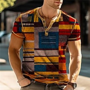 Voor heren Henley-shirt Grafisch Kleurenblok Geometrie Henley Kleding 3D-afdrukken Buiten Dagelijks Korte mouw Afdrukken Button-omlaag Modieus Ontwerper Comfortabel Lightinthebox