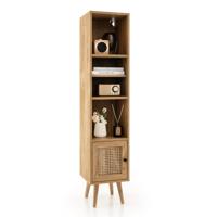 Hoge Kast Rotan Boekenkast met 4 Planken en Rotan Deur Commode Boho-Stijl 29,5 x 29,5 x 137 cm Natuur