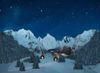 My Village Achtergrond canvas berglandschap nacht 76x56 cm