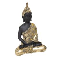 Boeddha beeld  zittend - binnen/buiten - polyresin - goud/zwart - 34 cm   -