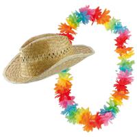 Carnaval verkleed set - Tropische Hawaii party - stro beach hoed - met gekleurde bloemenslinger - thumbnail