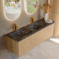 Badmeubel Mondiaz Kurve-Dlux | 145 cm | Meubelkleur Oak | Wastafelkleur Lava | Solid surface | Dubbele spoelbak | 2 kraangaten