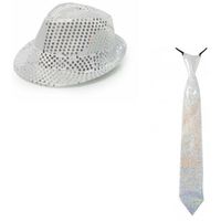 Party verkleed hoedje en stropdas zilver glitters - Verkleedhoofddeksels