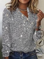 Asymmetrical Collar Loose Glitter Casual T-Shirt