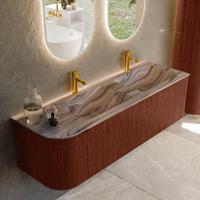 Badmeubel Mondiaz Kurve-Dlux | 145 cm | Meubelkleur Ruby | Wastafelkleur Sombra | Solid surface | Dubbel / Rechts spoelbak | 2 kraangaten