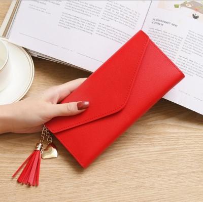 Lange portemonnee vrouwen portemonnees kwastje mode munt portemonnee kaarthouder portemonnees vrouwelijke koppeling PU lederen portemonnee (rood)