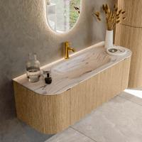 Badmeubel Mondiaz Kurve-Dlux | 130 cm | Meubelkleur Oak | Wastafelkleur Nata | Solid surface | Wasbak midden spoelbak | 1 kraangat