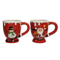 Decoris kerstmokken - 2x st - rood - 300 ml - keramiek - sneeuwpop en kerstman print