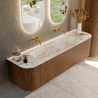 Mondiaz KURVE-DLUX 170 cm Onderkast Greeploos 1 Lade Met Deuren Walnut, Wastafel Solid Surface Dubbel Glace 0 Kraangaten Zonder Spiegel (KRVLEA170L+R1L2D0KD-Wal/Gla)