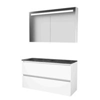 Basic-Line Premium 46 Badkamermeubelset - 120 x 46 cm - Greeploos - 2 Lades - Hardstenen Wastafel - Zonder Kraangat - Spiegelkast met LED Verlichting - Ice White