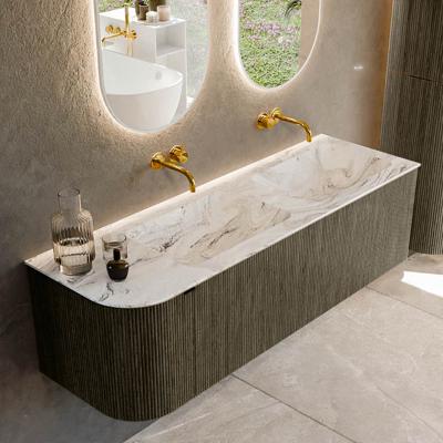 Badmeubel Mondiaz Kurve-Dlux | 145 cm cm | Meubelkleur Shadow | Wastafelkleur Glace | Solid surface | Dubbel / Rechts spoelbak | Zonder kraangat(en)
