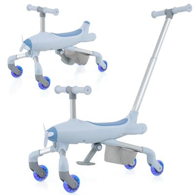 2-in-1 Duwauto voor Kinderen Duwauto met Vliegtuigthema met Led-Verlichte Wielen Afneembare en Verstelbare Handgreep