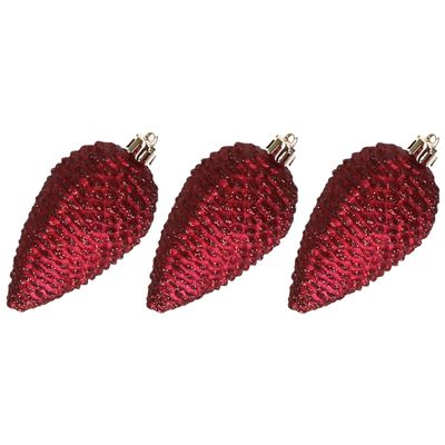 6x stuks kunststof dennenappels kerstballen 8 cm donkerrood glitter