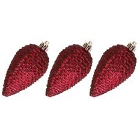 6x stuks kunststof dennenappels kerstballen 8 cm donkerrood glitter - thumbnail