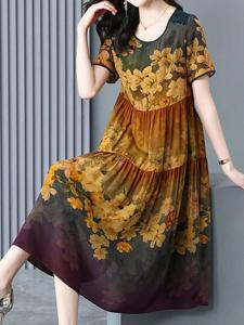 Floral Crew Neck Casual Loose Dress With No