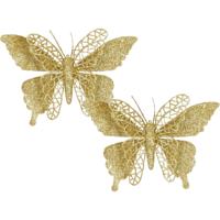 Kerstboomversiering Vlinder - 2x stuks - 16 cm - goud glitter - op clip