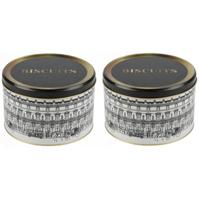 Urban Living Koektrommel - 2x - voorraadblik Biscuits - Versailles - metaal - wit/zwart - 17 x 11 cm