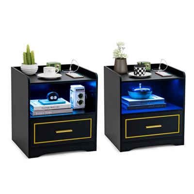 Set van 2 Nachtkastjes met Ledlicht USB-Poort en Type C-Laadstation Nachtkastje met Bewegingssensor Bijzettafel met Open Vak Zwart