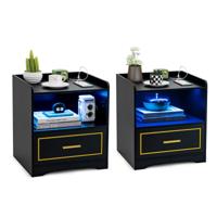 Set van 2 Nachtkastjes met Ledlicht USB-Poort en Type C-Laadstation Nachtkastje met Bewegingssensor Bijzettafel met Open Vak Zwart
