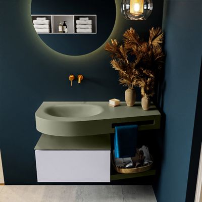 MONDIAZ RIVA 100cm badmeubel onderkast / planchet kleur Cale met 1 lade. Wastafel DULCET links 0 kraangaten kleur Army.