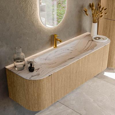 Badmeubel Mondiaz Kurve-Dlux | 150 cm | Meubelkleur Oak | Wastafelkleur Nata | Solid surface | Wasbak midden spoelbak | 1 kraangat