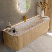 Badmeubel Mondiaz Kurve-Dlux | 150 cm | Meubelkleur Oak | Wastafelkleur Nata | Solid surface | Wasbak midden spoelbak | 1 kraangat