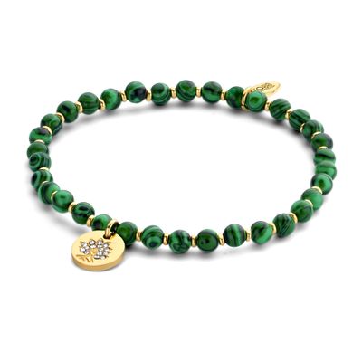 CO88 Collection 8CB 90732 Armband Dames - Malachiet Kralen - 4mm - Metalen kraaltjes - Hangertje - Levensboom - Goudkleurig