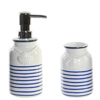 Badkamer accessoires setje drinkbeker en zeeppompje 18 cm wit/blauw - thumbnail