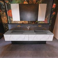 Badkamermeubelset Mondiaz Erin 200 cm met 2 Lades met RIDGE Wastafel Dubbel Dark grey Zonder Kraangaten Greeploos Mat Carrara