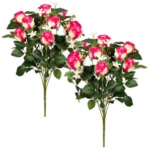 Kunstbloemen boeket rozen met bladgroen - 2x - cerise - H49 cm - Bloemstuk