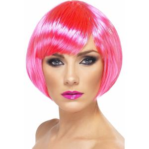 Carnaval verkleed damespruik met kort haar - neon roze - Supermodel Bobline