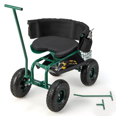 Tuinwagen Werkstoel in Hoogte Verstelbare Verrijdbare Tuinkruk met 360° Draaibare Zitting & Kussen 2 Stuurgrepen Groen