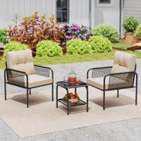 Rieten Tuinmeubelset 3-Delig. Balkonmeubels met 2 Stoelen & Tafel & Kussens Beige