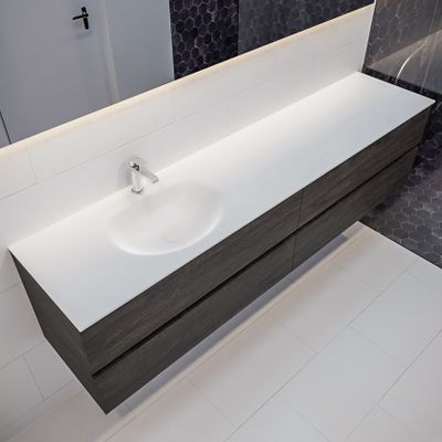 Mondiaz Vica Moon badmeubel eiken donker bruin 200 cm 4 lades solid surface enkele spoelbak links 1 kraangat