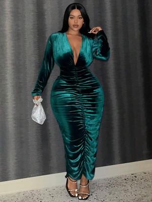 Bon&Bon Black Ruched Bodycon Dress - Deep V-Neck Midi Dress Dark Green / 0XL