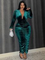 Bon&Bon Black Ruched Bodycon Dress - Deep V-Neck Midi Dress Dark Green / 0XL