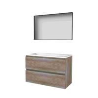 Basic-Line Framed 46 Badkamermeubelset - 100 x 46 cm - Greeploos - 2 Lades - Acryl Wastafel - 2 Kraangaten - Spiegel met Zwart Aluminium Frame - Scotch Oak